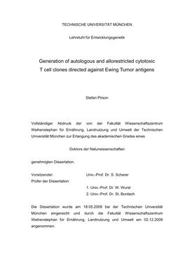 Generation of Autologous and Allorestricted Cytotoxic T Cell Clones Directed Against Ewing Tumor Antigens