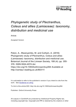 Phylogenetic Study of Plectranthus, Coleus and Allies (Lamiaceae): Taxonomy, Distribution and Medicinal Use