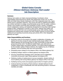 Ottawa-Gatineau Gateway Hub Leader Job Description