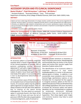 ACCESSORY SPLEEN and ITS CLINICAL SIGNIFICANCE Neeta Chhabra*1, Tripti Shrivastava 2, Lalit Garg 3, BK Mishra 4