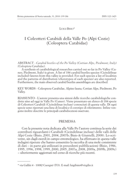 I Coleotteri Carabidi Della Valle Po (Alpi Cozie) (Coleoptera Carabidae)
