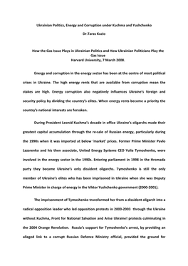 Ukrainian Politics, Energy and Corruption Under Kuchma and Yushchenko