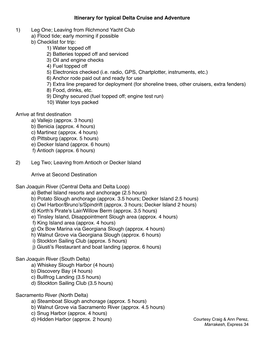 Itinerary for Typical Delta Cruise and Adventure 1) Leg One; Leaving from Richmond Yacht Club A) Flood Tide; Early Morning If Po
