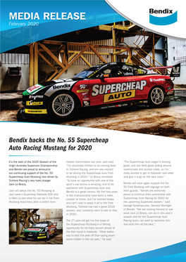 Bendix Backs the No. 55 Supercheap Auto Racing Mustang for 2020