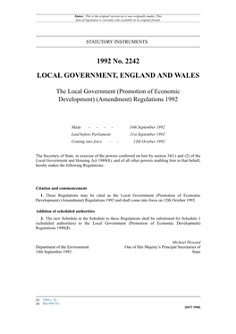 The Local Government (Promotion of Economic Development) (Amendment) Regulations 1992