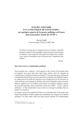 FLEURY, VOLTAIRE ET LA POLITIQUE DE LEUR TEMPS : Sur Quelques Aspects De La Pensée Politique En France Dans La Première Moitié Du Xviiie S