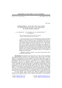 Hydrochemical Analysis and Evaluation of Groundwater Quality for Irrigation in Masis Region, Armenia