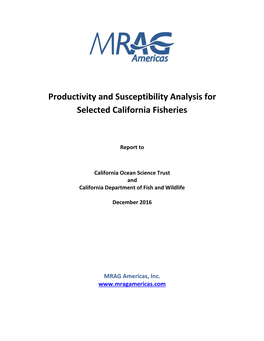 Productivity and Susceptibility Analysis for Selected California Fisheries