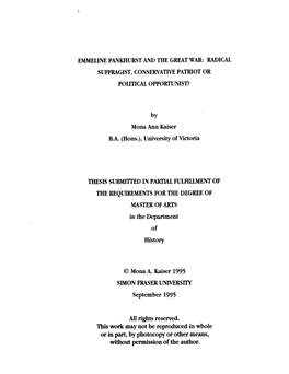 Emmeline Pankhurst and the Great Wm: Radical Suffragist, Conservative Patriot Or Political Opportunist?