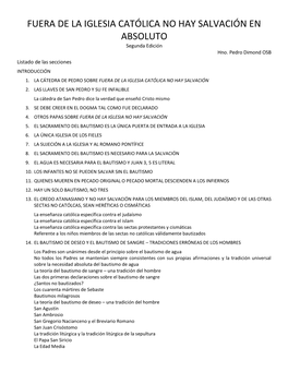 FUERA DE LA IGLESIA CATÓLICA NO HAY SALVACIÓN EN ABSOLUTO Segunda Edición Hno