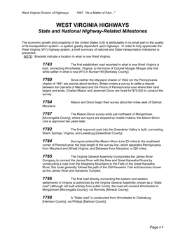 WEST VIRGINIA HIGHWAYS State and National Highway-Related Milestones