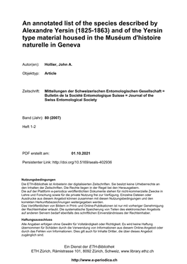 An Annotated List of the Species Described by Alexandre Yersin (1825-1863) and of the Yersin Type Material Housed in the Muséum D'histoire Naturelle in Geneva