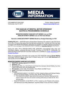 FOX NASCAR at Bristol Motor Speedway Quotes & Programming