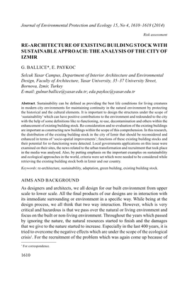 Re-Architecture of Existing Building Stock with Sustainable Approach: the Analysis of the City of Izmir