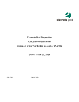 Eldorado Gold Corporation Annual Information Form in Respect of The