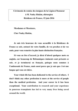 Cérémonie De Remise Des Insignes De La Légion D'honneur À M. Nadey