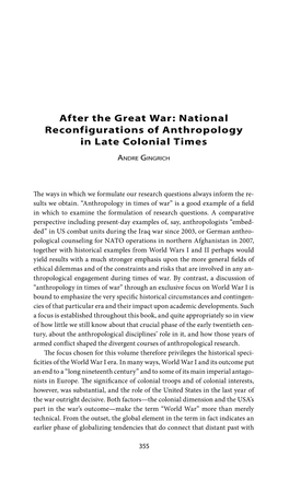 After the Great War: National Reconfigurations of Anthropology in Late Colonial Times