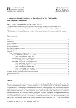 Zootaxa, an Annotated World Catalogue of the Millipede