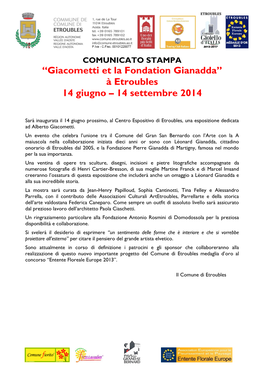 Giacometti Et La Fondation Gianadda” À Etroubles 14 Giugno – 14 Settembre 2014