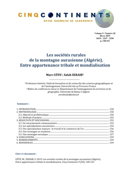 Les Sociétés Rurales De La Montagne Aurasienne (Algérie). Entre Appartenance Tribale Et Mondialisation