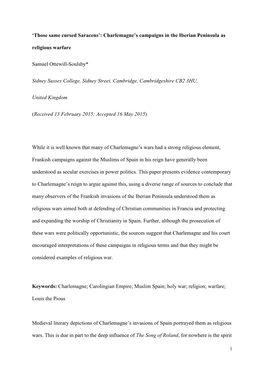 'Those Same Cursed Saracens': Charlemagne's Campaigns in the Iberian Peninsula As Religious Warfare Samuel Ottewill-Soulsb