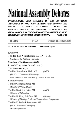 14Th Sitting 14:00H Monday 12 February 2007