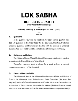 LOK SABHA ___ BULLETIN – PART I (Brief Record of Proceedings) ___ Tuesday, February 9, 2021/Magha 20, 1942 (Saka) ___