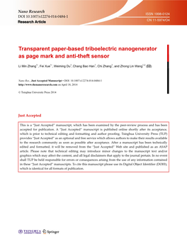 Transparent Paper-Based Triboelectric Nanogenerator As Page Mark and Anti-Theft Sensor