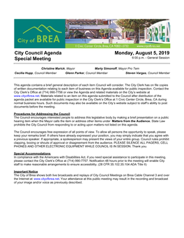 City Council Agenda Special Meeting Monday, August 5, 2019