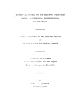 1Athematical Puzzles for the Secondary Mathe~1Atics .-' Teacher: a Collection, Classification, and Evaluation