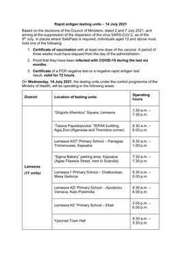 Rapid Antigen Testing Units – 14 July 2021