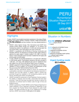 Humanitarian Situation Report #14 28 Sep 2017 Highlights Situation In