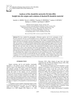 Analyses of the Chondritic Meteorite Orvinio (H6): Insight Into the Origins and Evolution of Shocked H Chondrite Material