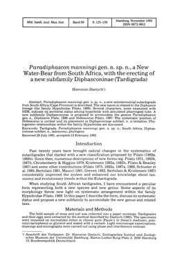 Paradiphascon Manningi Gen. N. Sp. N., a New" Water-Bear from South Africa, with the Erecting of a New Subfamily Diphasconinae (Tardigrada)