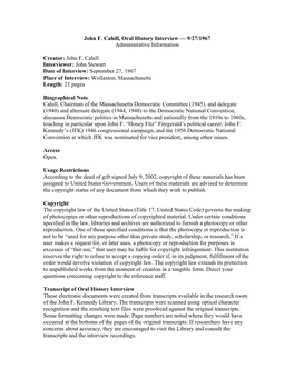 John F. Cahill Interviewer: John Stewart Date of Interview: September 27, 1967 Place of Interview: Wollaston, Massachusetts Length: 21 Pages