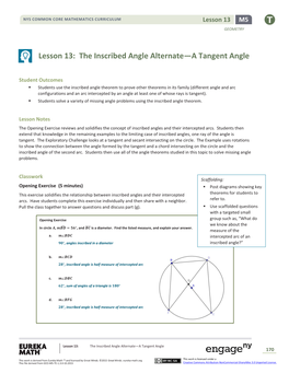 Lesson 13: the Inscribed Angle Alternate—A Tangent Angle