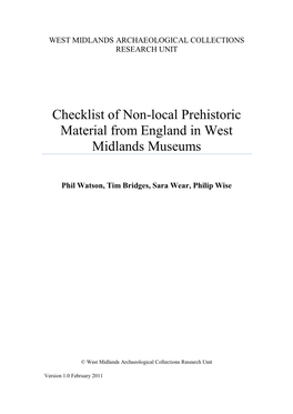 Checklist of Non-Local Prehistoric Material from England in West Midlands Museums