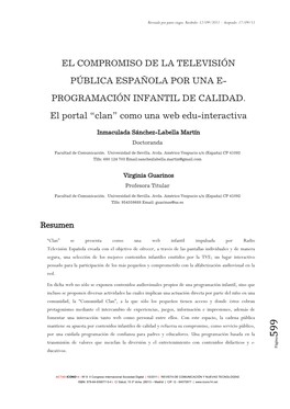 EL COMPROMISO DE LA TELEVISIÓN PÚBLICA ESPAÑOLA POR UNA E- PROGRAMACIÓN INFANTIL DE CALIDAD. El Portal “Clan” Como