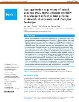 Next-Generation Sequencing of Mixed Genomic DNA Allows Efficient Assembly of Rearranged Mitochondrial Genomes in Amolops Chunganensis and Quasipaa Boulengeri