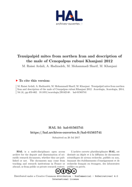 Tenuipalpid Mites from Northen Iran and Description of the Male of Cenopalpus Rubusi Khanjani 2012 M