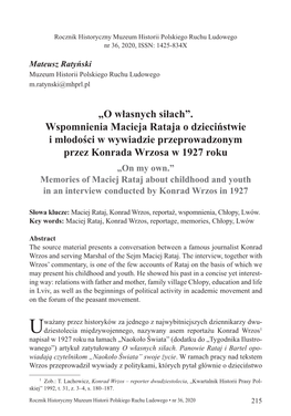 „O Własnych Siłach”. Wspomnienia Macieja Rataja O Dzieciństwie I Młodości W Wywiadzie Przeprowadzonym Przez Konrada