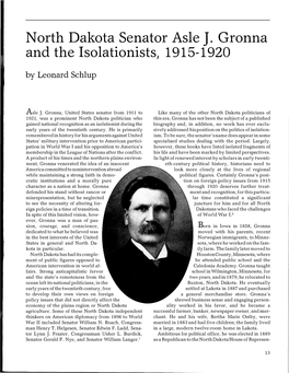 North Dakota Senator Asle J. Gronna and the Isolationists, 1915-1920 by Leonard Schlup