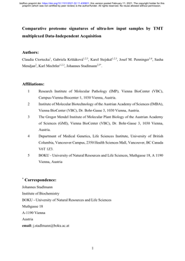 Comparative Proteome Signatures of Ultra-Low Input Samples by TMT Multiplexed Data-Independent Acquisition