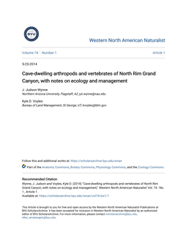 Cave-Dwelling Arthropods and Vertebrates of North Rim Grand Canyon, with Notes on Ecology and Management