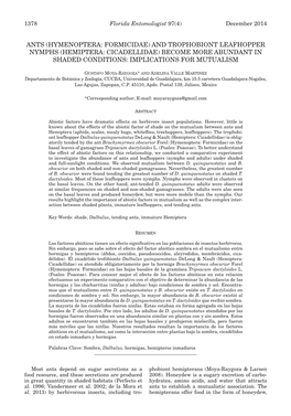 And Trophobiont Leafhopper Nymphs (Hemiptera: Cicadellidae) Become More Abundant in Shaded Conditions: Implications for Mutualism