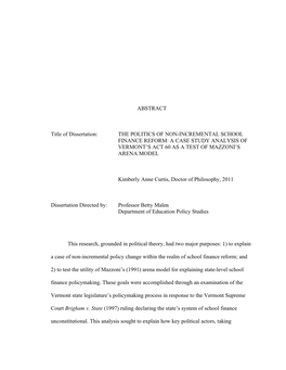 The Politics of Non-Incremental School Finance Reform: a Case Study Analysis of Vermont’S Act 60 As a Test of Mazzoni’S Arena Model