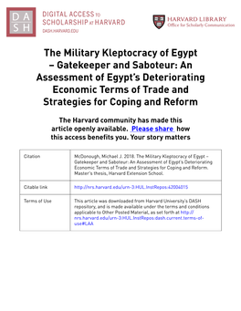 The Military Kleptocracy of Egypt – Gatekeeper and Saboteur: an Assessment of Egypt’S Deteriorating Economic Terms of Trade and Strategies for Coping and Reform