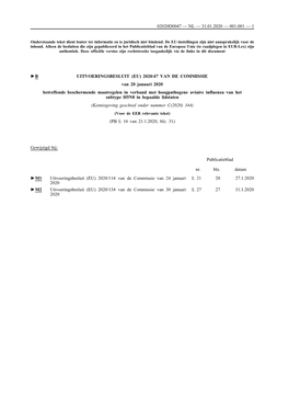 B UITVOERINGSBESLUIT (EU) 2020/47 VAN DE COMMISSIE Van 20 Januari 2020 Betreffende Beschermende Maatregelen in Verband Met Ho