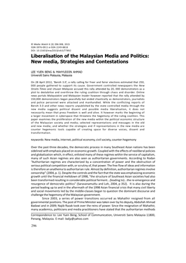 Liberalisation of the Malaysian Media and Politics: New Media, Strategies and Contestations