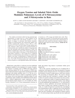 Oxygen Tension and Inhaled Nitric Oxide Modulate Pulmonary Levels of S-Nitrosocysteine and 3-Nitrotyrosine in Rats